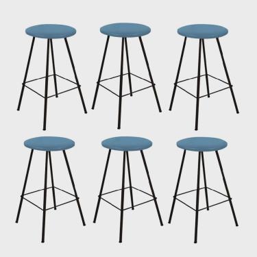 Imagem de Kit 06 Banqueta Alta Loni Eiffel Industrial Cozinha Bar Balcão Bistrô Ferro Preto Suede Azul Turquesa - Ahz Móveis