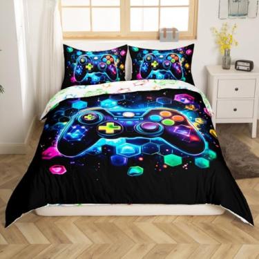 Imagem de Conjunto de capa de edredom infantil com console de gamepad, tamanho casal, controle de videogame, jogo de cama para jogos, decoração de quarto de meninos e homens, estrela espaço geométrico, favo de