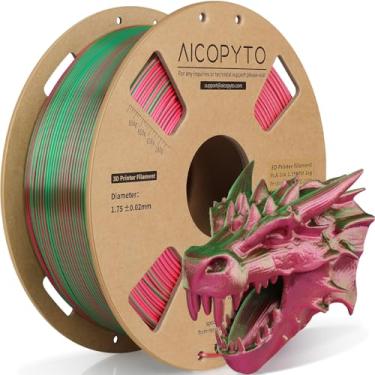 Imagem de AICOPYTO Filamento de impressora 3D PLA de seda de duas cores 1,75 mm, filamento de seda verde-vermelho de duas cores 2 em 1 carretel de 1 kg (1 kg) Probabilidade de precisão dimensional +/- 0,02 mm