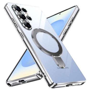 Imagem de YSLBWLE Capa ultrafina de TPU para Samsung Galaxy S25 com suporte magnético [à prova de choque de grau militar] Capa macia flexível antiamarelamento fina e suporte de 360° (prata) 28-s25u-03