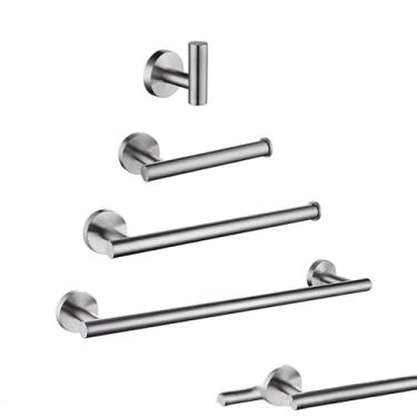 Imagem de Conjunto de acessórios para banheiro Kit de acessórios de aço inoxidável escovado Suporte de parede redondo Barra de mão Suporte de rolo de papel higiênico Gancho de toalha de roupão, SS, 45 cm, conj