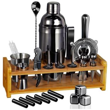 Imagem de Kit Bartender Profissional 26 Peças em Aço Inoxidável com Suporte de Bambu, Sugiury, Preto