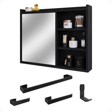 Imagem de Espelheira Armário de Banheiro 1 Porta Prateleira Espelho Kit Acessórios Lavabo 4 Peças Aço Inox Preto - RPM
