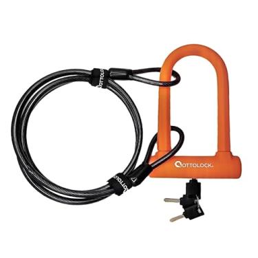 Imagem de OTTOLOCK Sidekick – Cadeado compacto em U e cabo – Trava em U para bicicleta resistente antifurto com chaves, revestimento de silicone, acessórios de bicicleta, laranja