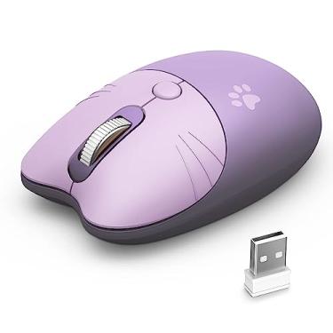 Imagem de Mouse sem fio fofo gato, mouse silencioso sem fio de 2,4 GHz, receptor USB Plug and Play, 3 DPI ajustáveis, compatível com notebook, PC, laptop, computador - roxo colorido