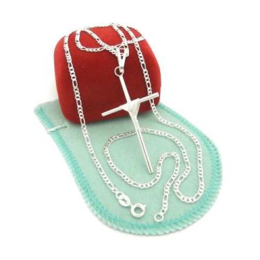 Imagem de Corrente Masculina 70Cm 2Mm Cruz 40Mm Folheada Prata Cr1430 - Wnbijout