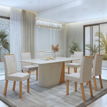 Imagem de Conjunto Luar 170cm Tampo MDF com Vidro e 6 Cadeiras Apogeu Amêndoa Clean/Off White/Bege