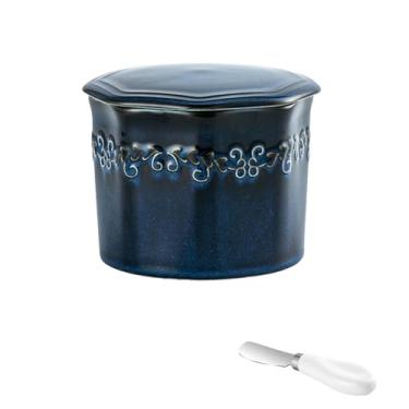 Imagem de Manteiga de cerâmica poligonal doméstica, lata selada de armazenamento simples - azul vintage (com aço inoxidável)