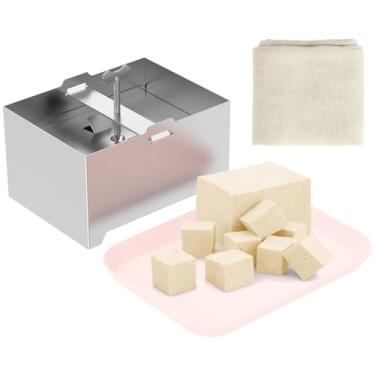 Imagem de Kit de prensa de tofu de aço inoxidável 304 de grau alimentício com gaze e bandeja coletora removível e ajustável de pressão para iogurte de queijo caseiro (grande)