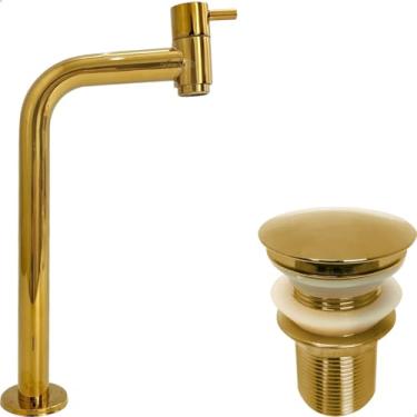 Imagem de Dona D Cor, Kit Torneira Dourada Bica Alta e Válvula Click 1 1/4 Inox Pia Banheiro Torneira Fria 90 Graus 1/4 De Volta Cuba Sobrepor E Ralo Pia Lavatorio Gold