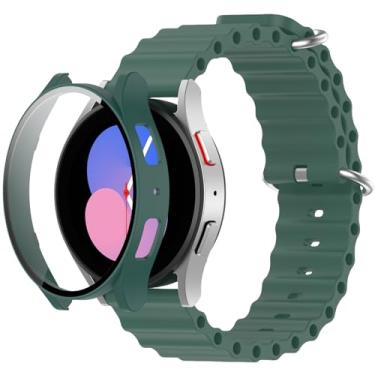 Imagem de QHBAMD Pulseira de silicone à prova d'água com capa compatível com Samsung Galaxy Watch 6 de 40 mm/44 mm, pulseira esportiva macia respirável e ajustável (verde escuro, 44 mm)