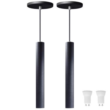 Imagem de Kit 2 Pendente Luminária Tubo Preto 30 cm + Lâmpada LED Mini Dicroica MR11 4W - 2700K - Branco Quente