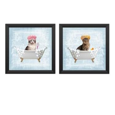 Imagem de Kit 2 Quadros Decorativos Banheiro,toalete,lavabo, Gato Blue (Preto)