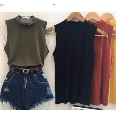 Imagem de Blusa feminina malha canelada gola alta sem manga - Moda filó, Verde m