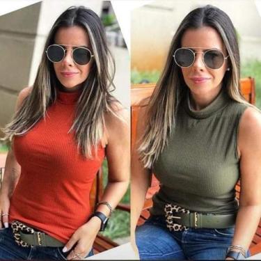 Imagem de Blusa feminina malha canelada gola alta sem manga - Moda filó, Verde, 
