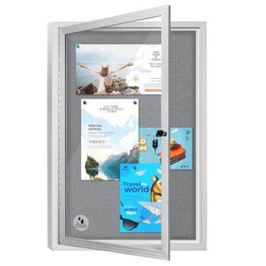 Imagem de Quadro de avisos de tecido fechado à prova de intempéries ao ar livre, caixa de aviso com porta de vidro travável, moldura de alumínio prateado, 91 x 61 cm (5 x A4)