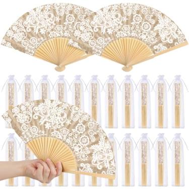 Imagem de Vercraft Conjunto de 36 ventiladores dobráveis de casamento para convidados a granel branco floral papel kraft leque portátil de renda com bolsa de organza vintage dobrável lembrancinha de festa para