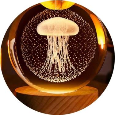 Imagem de Luminária Cristal de Mesa Sistema Solar Saturno Lua Galáxia LED Base Madeira Enfeite Decorativo Casa(Água Viva,Grande)