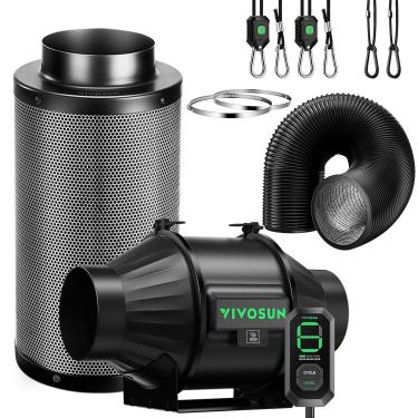 Imagem de VIVOSUN Kit de filtragem de ar inteligente T4 4", ventilador de duto em linha AeroZesh T4 com controlador de velocidade E12, filtro de carbono e dutos de 2,3 m, sistema de resfriamento e ventilação para barracas de cultivo, jardinagem interna, hidroponia