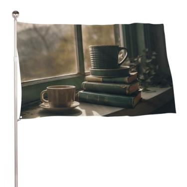 Imagem de Bandeira de livros e canecas 61 x 89 cm bandeira de jardim impressa dupla face bandeira decorativa bandeira de quintal sem desbotamento com ilhós de latão pano de fundo de foto para decoração de casa