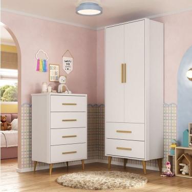 Imagem de Quarto Infantil Completo Guarda-roupa 2 Portas 2 Gavetas Com Cômoda Magia Espresso Móveis Branco