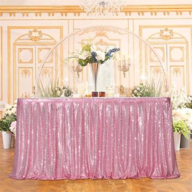 Imagem de Saia de mesa com lantejoulas rosa, ondulado, com babados e brilhante, para decoração de chá de panela e festa de aniversário, 1 peça rosa, 8 pés, 70 x 250 cm