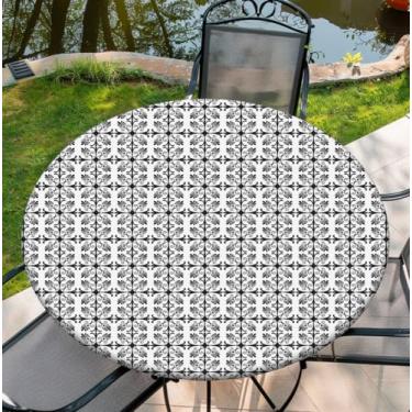 Imagem de COTAIL Toalha de mesa redonda com borda elástica, toalha de mesa impermeável de 91 a 152 cm para jantar, ao ar livre, piquenique, 122 cm, mandala preta e branca