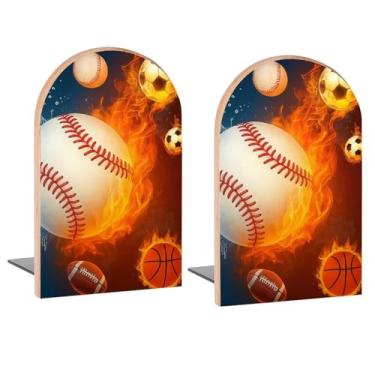 Imagem de Bolas de futebol americano terminais de livros de madeira decorativos para prateleiras quarto de crianças mesa escritório casa rolhas de livro para revistas, livros, DVDs, 1 par/2 peças (12,7 x 7,9 cm