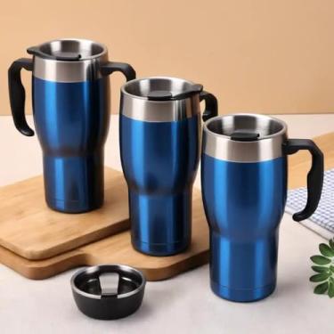 Imagem de Caneca Térmica Parede Dupla em Aço Inox Azul 550ml com Alça Ergonômica - Estilo Esportivo