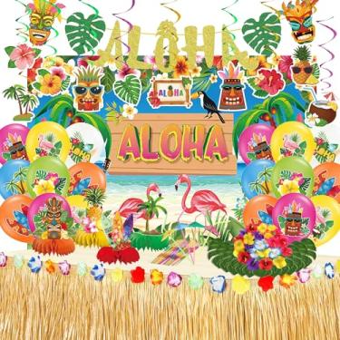 Imagem de DMIGHT Conjunto De 101 Decorações Para Festa Temática Havaiana, Artigos Verão Com Tema Praia Tropical, Incluindo Cenário, Saia Mesa, Centro Mesa Em Formato Favo Mel, Balões Luau, Aniversário Tiki