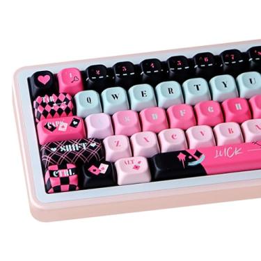 Imagem de COOMICKEY 142 teclas PBT de teclas, rosa e preto com sublimação de tinta personalizada, conjunto de teclas de perfil MOA com tema de pôquer para teclados mecânicos para jogos Cherry Gateron MX Switchs