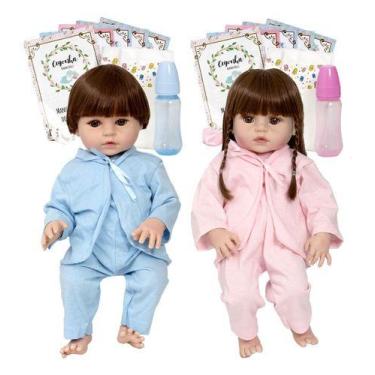 Imagem de 2 Boneca Reborn Gêmeos Menino Menina Corpo Silicone Enxoval - Cegonha 