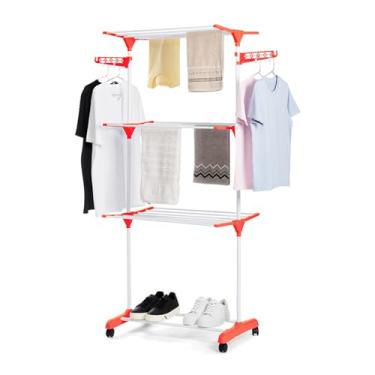 Imagem de Varal De Chão Vertical 3 Andares Dobrável Retrátil Aço 4 Rodas, Adequado para varanda doméstica, interior, pode secar roupas, lençóis e outros tecidos Laranja