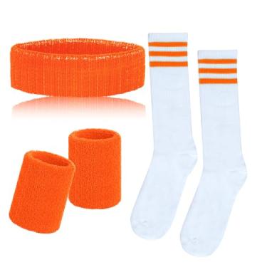 Imagem de Sucrain Conjunto de 5 peças de faixas de suor e meias listradas, faixas esportivas de pulso vermelhas, brancas e azuis, meias de cano alto dos anos 80, acessórios para homens e mulheres (laranja)