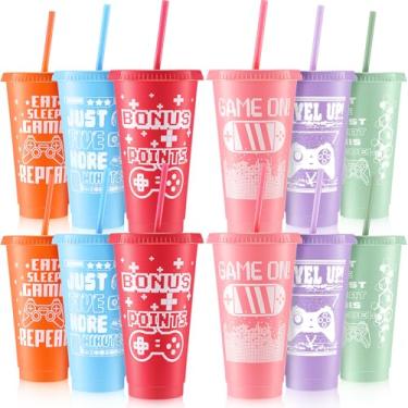 Imagem de Mifoci Copos de plástico de videogame com tampas e canudos, copo reutilizável com tampa e palha, copos de viagem de café gelado, garrafa de água para adultos, crianças, jogos, suprimentos de