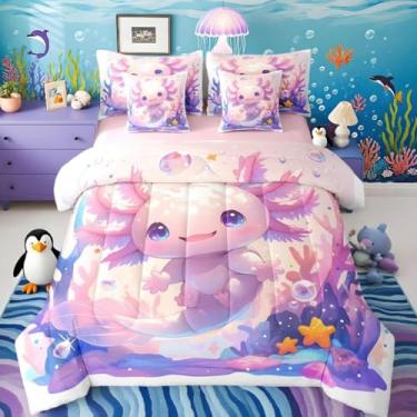 Imagem de Jogo de cama com estampa de axolote fofo de desenho animado salamandra, 7 peças, tamanho casal, réptil, animal, conjunto de edredom com lençóis, fronhas e fronhas para decoração de quarto feminino e