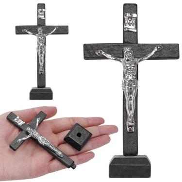 Imagem de YionZian 3 peças crucifixo de madeira de 4,2 polegadas em pé com base pequenas cruzes de madeira enfeite de mesa presentes católicos para Páscoa, primeira comunhão, igreja, casa, decoração de altar