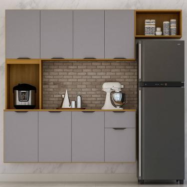 Imagem de Cozinha Compacta Suspensa 8 Portas 1 Gaveta Nicho e Prateleiras Zarah Cinamomo/ Cinza Acetinado