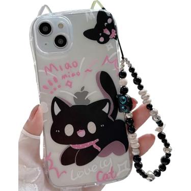 Imagem de JANDM Capa de gato fofo para iPhone 13 com alça de contas, formato de orelhas de gato transparente e macio para meninas e mulheres, capa de proteção para câmera estética com chaveiro de pulso