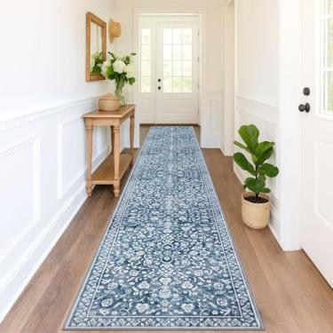 Imagem de SILOLOOM Tapetes de corredor vintage para corredor 7 x 45 cm, azul e branco, lavável, tapete antiderrapante, tapete de corredor de cozinha super macio, estampa floral de lã sintética, tapete fino para