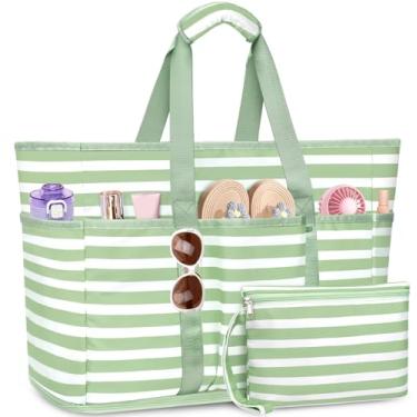 Imagem de TEUEN Bolsa de praia grande com zíper, 12 bolsos, impermeável, à prova de areia, bolsa de praia feminina de malha para viagens de férias, Branco esverdeado esmeralda, One Size