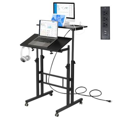 Imagem de Hadulcet Mesa de suporte móvel com estação de carregamento, mesa ajustável para computador, carrinho de laptop ajustável com rodas para sala de aula e escritório em casa, preto