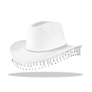 Imagem de H.B Chapéu de cowboy branco ocidental feminino com strass de aba larga com borlas curtas