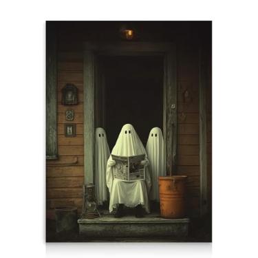 Imagem de Dazzlewall Arte de parede rústica fantasma do Dia das Bruxas, Weird Three Ghosts Reading News Farmhouse Picture Print Spooky Haunted Wall Decor para casa, 30 x 40 cm, sem moldura