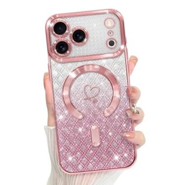 Imagem de Bonoma Capa compatível com iPhone 17 Pro Max 2025 com suporte para MagSafe, capa quadriculada magnética com glitter coração chapeado TPU proteção para câmera capa traseira para meninas e mulheres