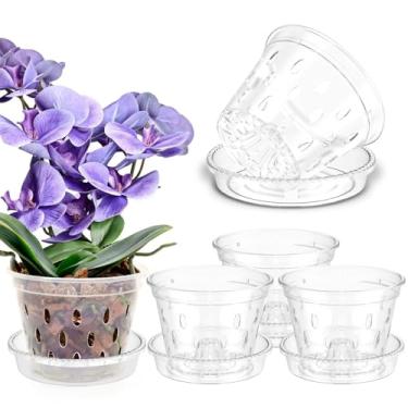 Imagem de Pote de 5 peças para repotting de vasos transparentes de 4/5/6 polegadas com furos e pires, pote de plástico resistente, respirável, vasos transparentes para berçário para orquídeas (P)