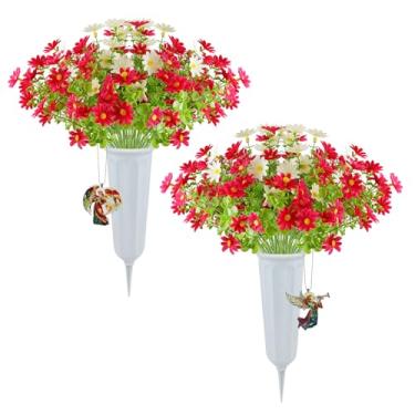 Imagem de Flores artificiais de cemitério com marca de anjo em vaso - 2 conjuntos de flores artificiais de crisântemos vermelhos artificiais - anjo de oração e anjo de trombeta para decoração de túmulos