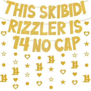 Imagem de Skibidi Rizzler Decorações de banner de aniversário - Este Skibidi Rizzler é 14 sem tampa faixa dourada com glitter, estrelas pré-amarradas, ideias de guirlandas, ideias engraçadas, zoomer geração Z