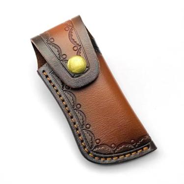 Imagem de Bainha de couro para canivete de bolso, estojo de encaixe para bolsa de faca dobrável, coldre EDC, passador de cinto, marrom, caça, acampamento, presente, 11 cm