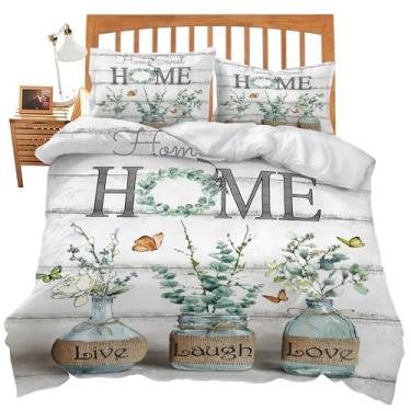 Imagem de Jogo de edredom com tema botânico de eucalipto, 3 peças, com 2 fronhas, tamanho casal, folhagem, lençol de cama para crianças amadas